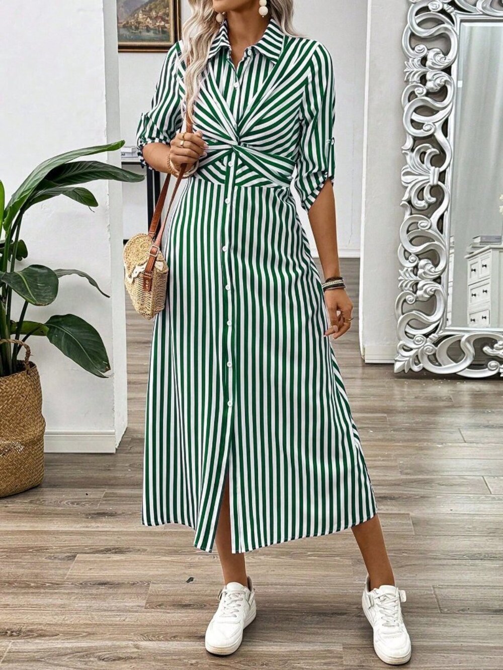 Green Casual Women's Mid-Length Sleeve Long Dress - Picture 4 of 5